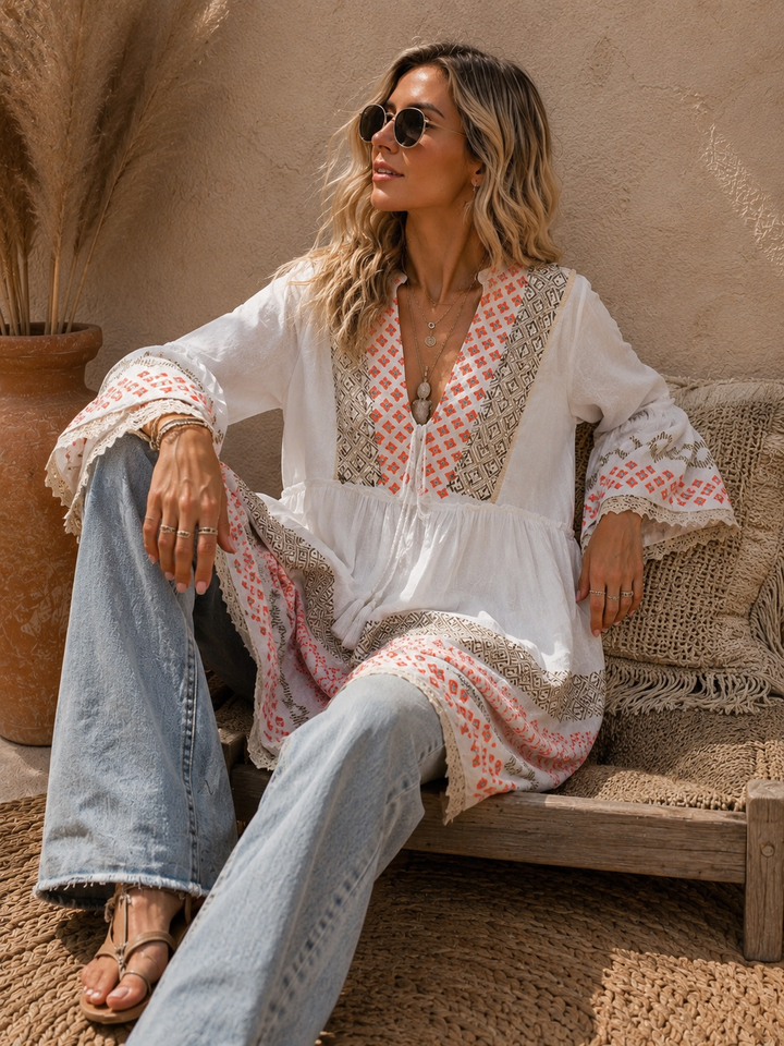 Zahara Embroidered Cotton Tunic Dress Orange