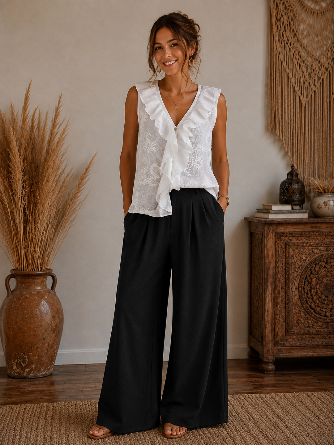 Kalena Floral Frill Top White