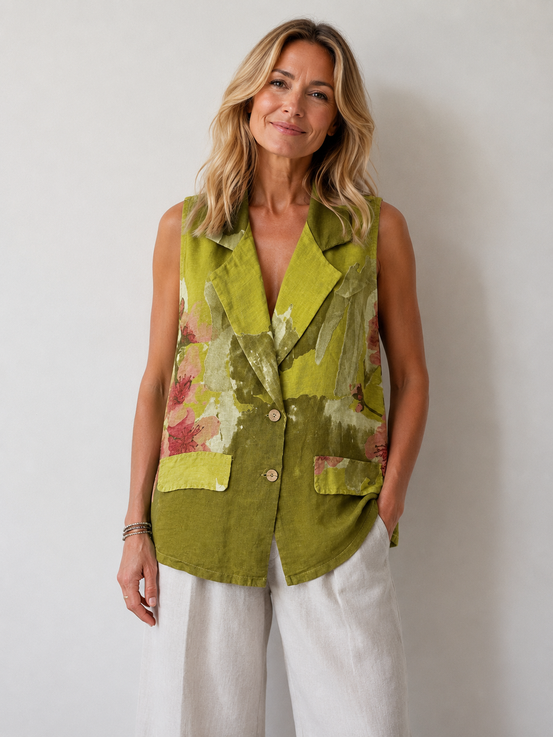 Linen Floral Waistcoat Lime