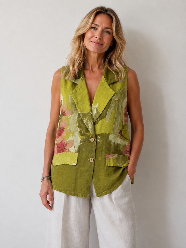 Linen Floral Waistcoat Lime