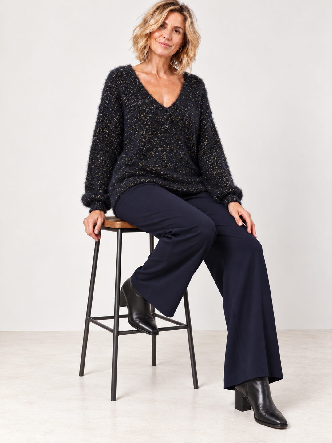 Venezia V Neck Lurex Jumper Navy