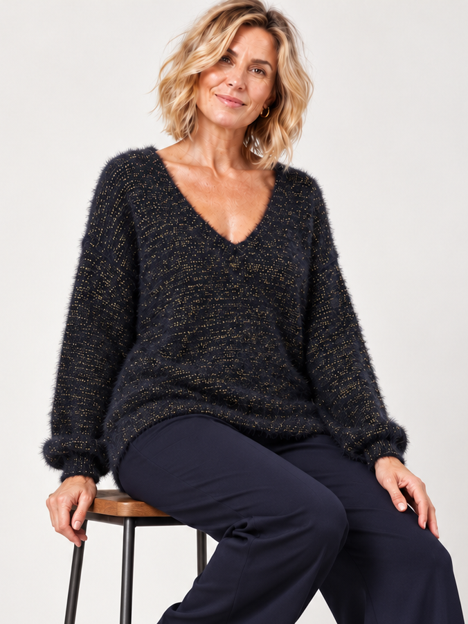 Venezia V Neck Lurex Jumper Navy