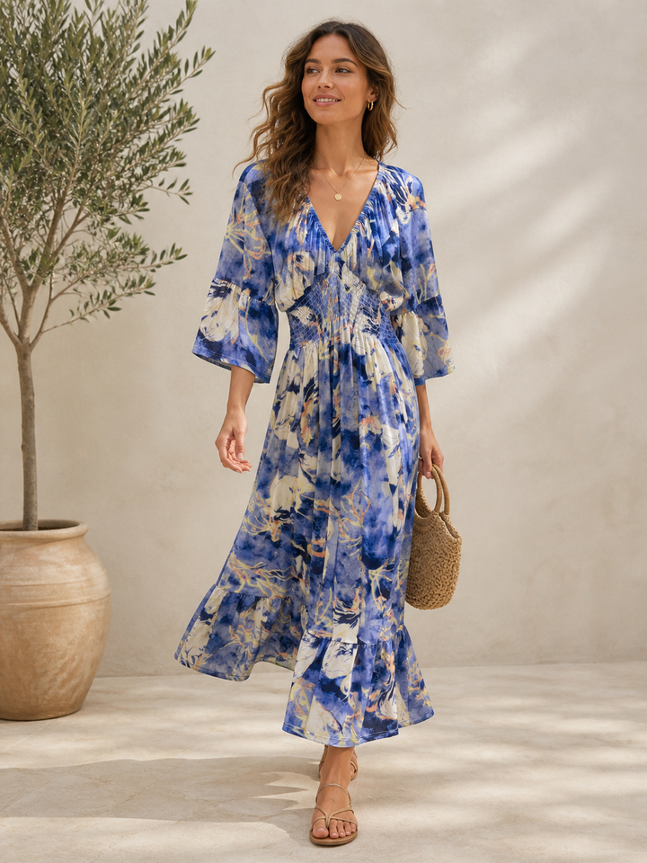 Muriel Watercolour Shirred Maxi Dress Blue