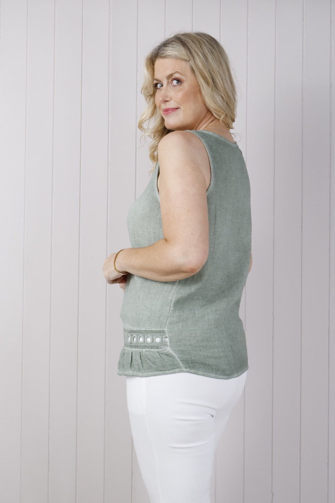 Stonewashed Frill Hem Cami Top Khaki