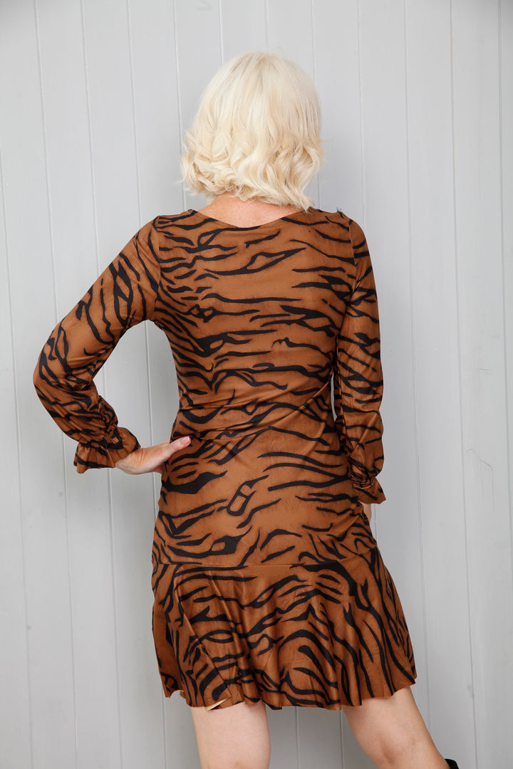 Tan Zebra Frill Hem Dress
