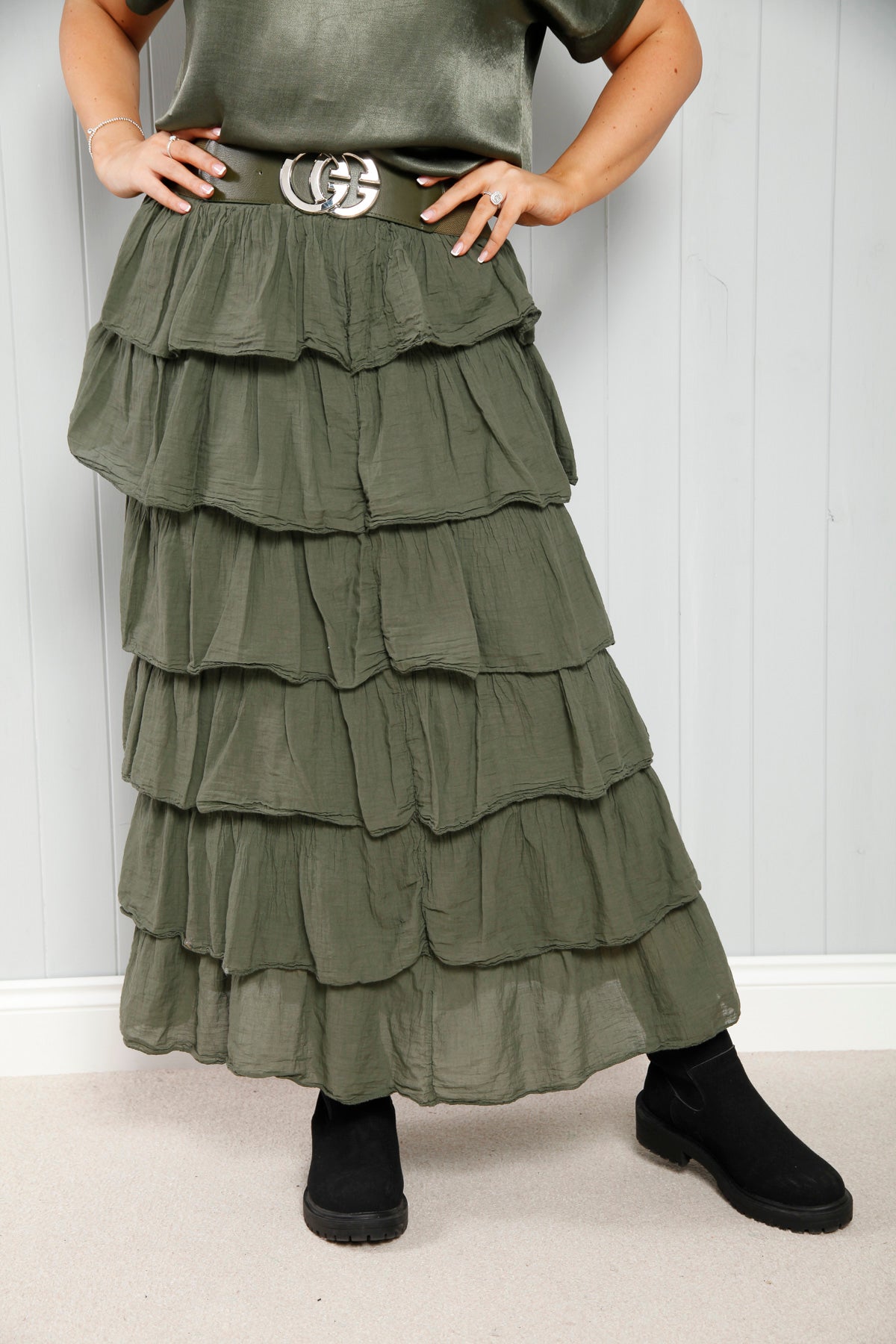 Ruffle khaki on sale skirt