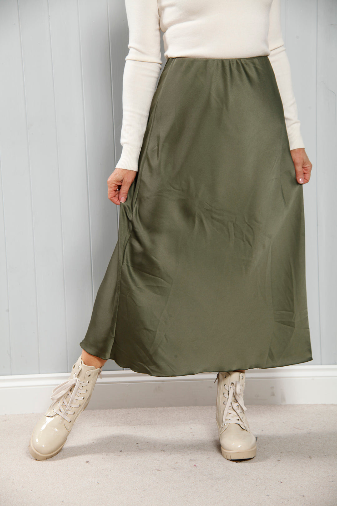 Satin Elegance Skirt Khaki