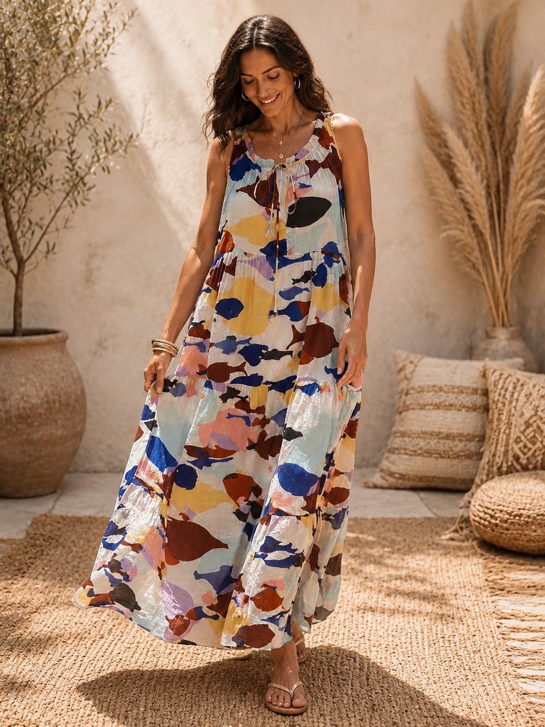 Eva Abstract Fish Print Dress Chocolate
