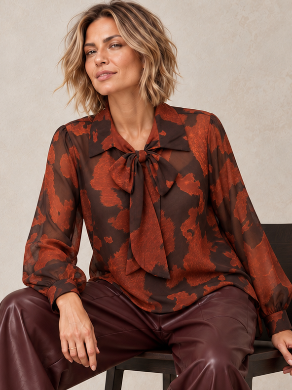 Abstract Pussy Bow Blouse Rust