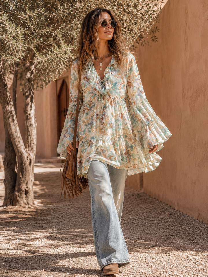 Roseanna Floral Ruffle Tunic Aqua