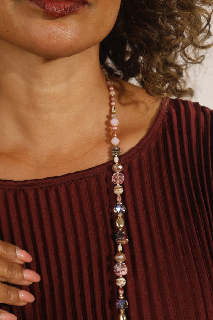 Plum Multi-Bead Long Necklace In Gold Tone