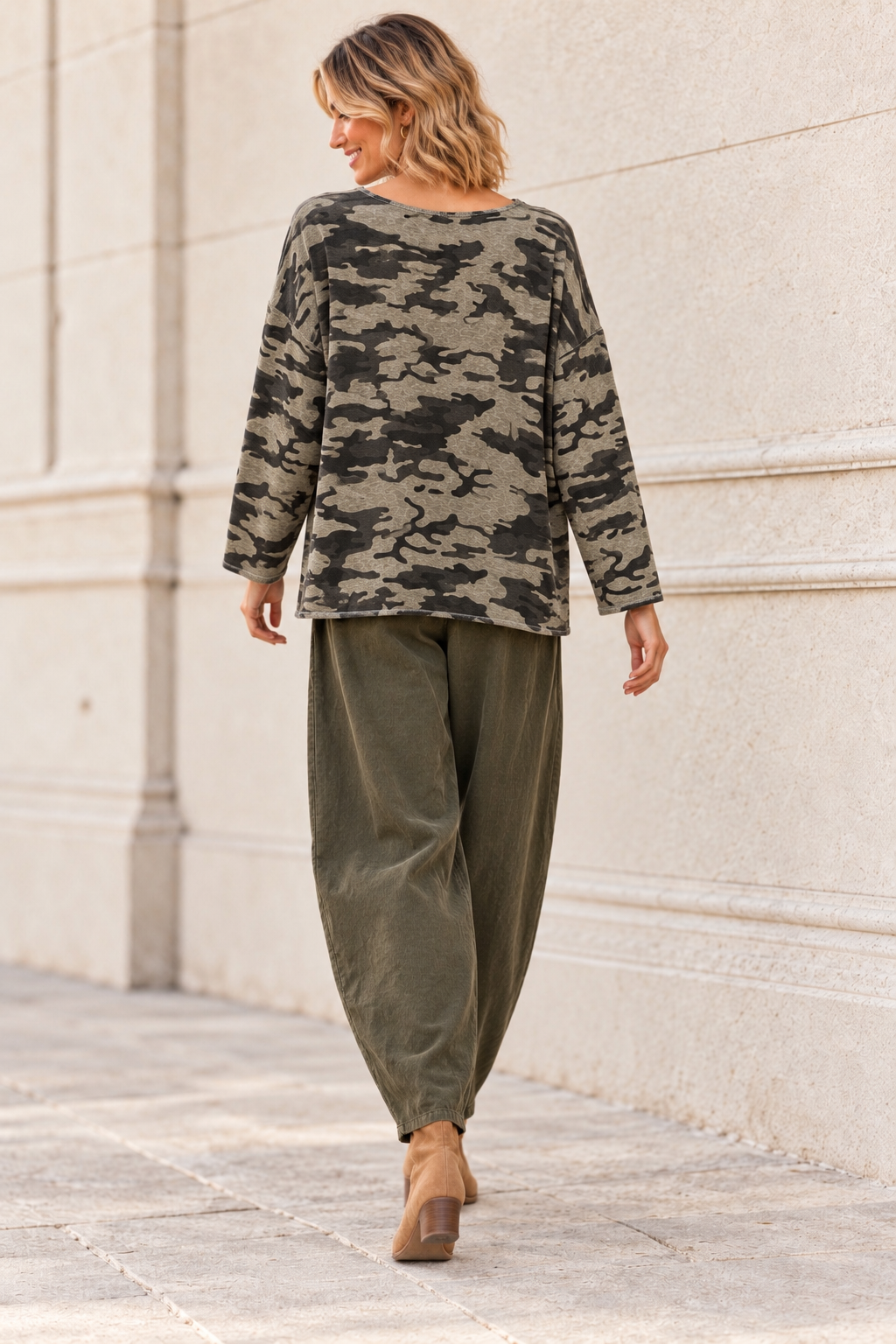 Leona Camo Print Top Khaki