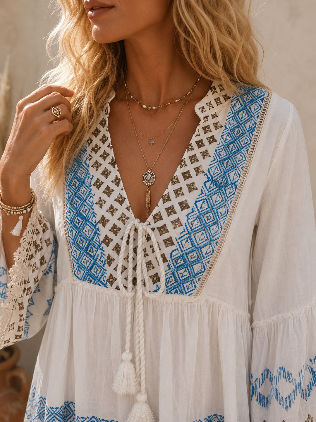 Zahara Embroidered Cotton Tunic Dress Blue