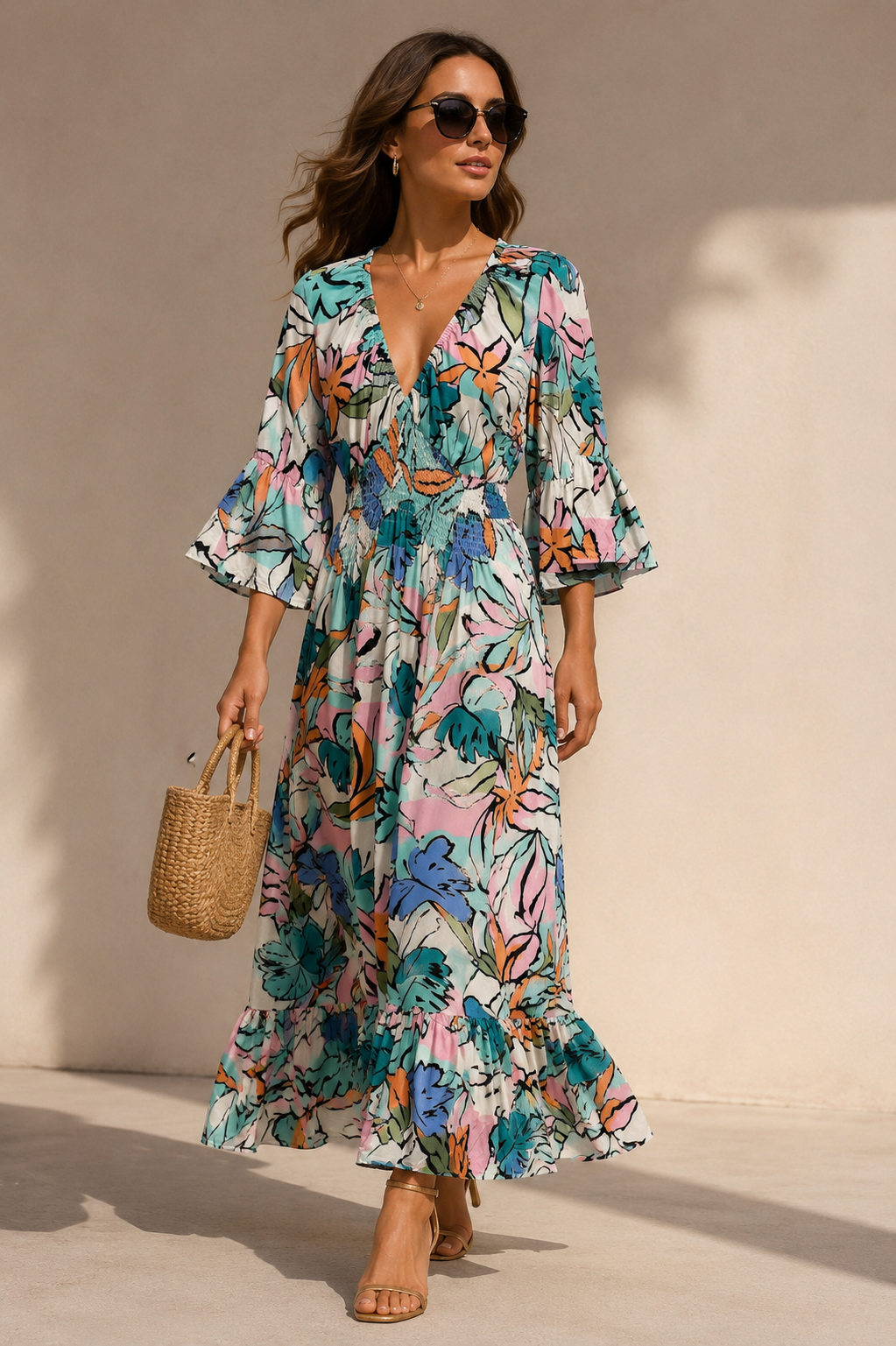 Tilly Abstract Midaxi Dress Aqua