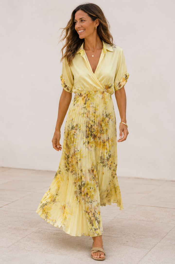 Fiora floral Pleat Dress Lemon