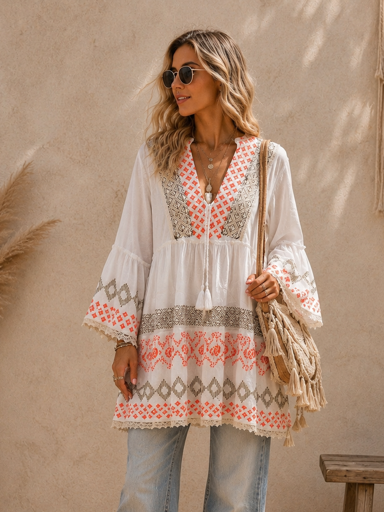 Zahara Embroidered Cotton Tunic Dress Orange