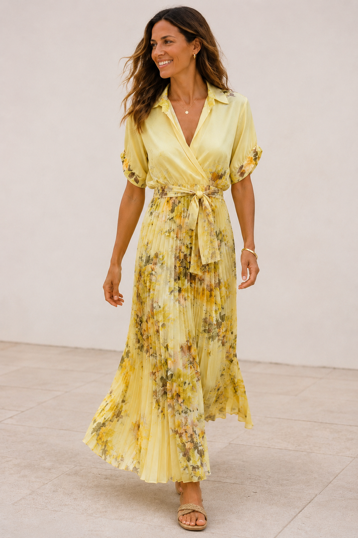 Fiora floral Pleat Dress Lemon