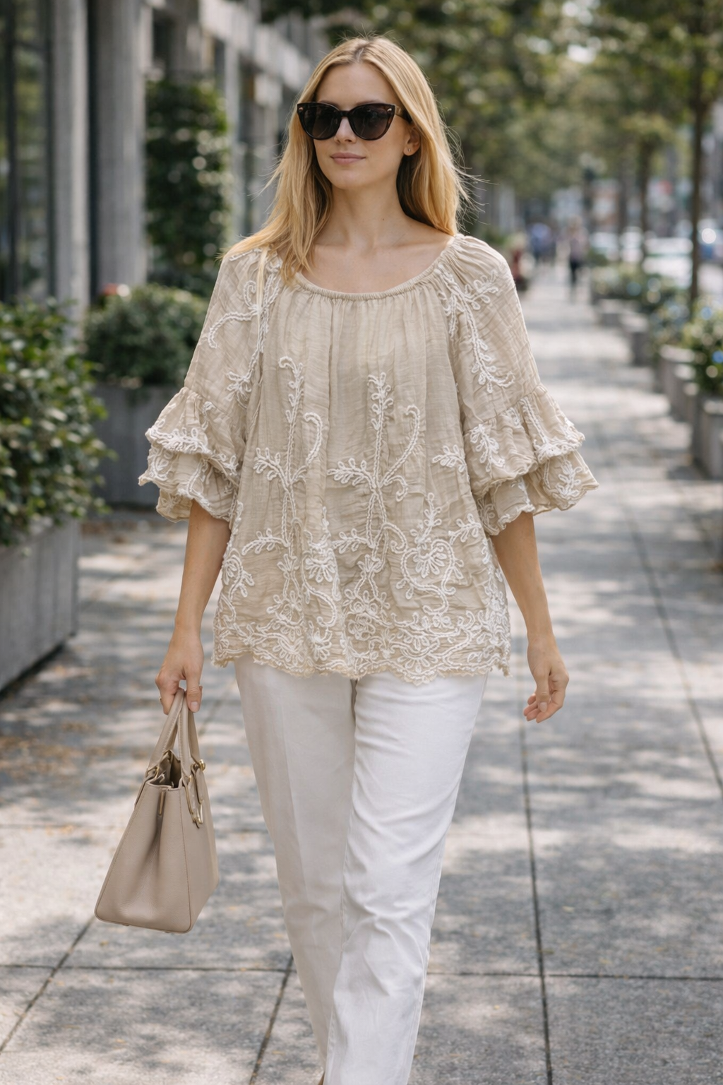 Aya Embroidered Bardot Top Beige
