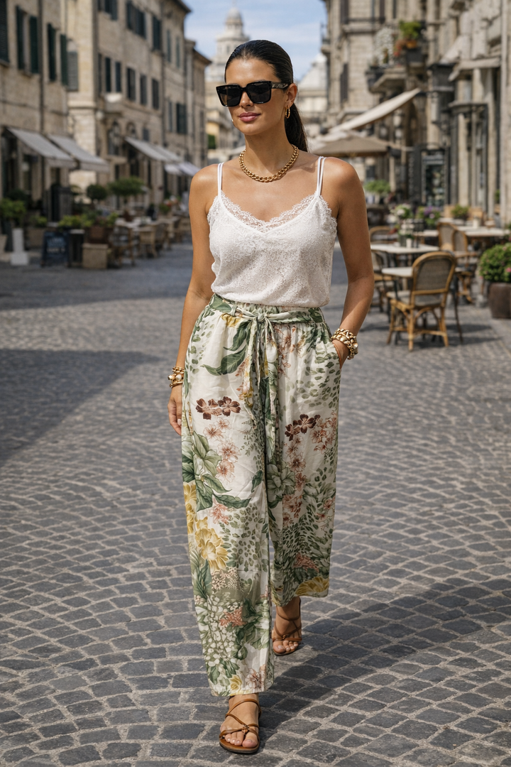 Gabriella Floral Silky Trousers Khaki