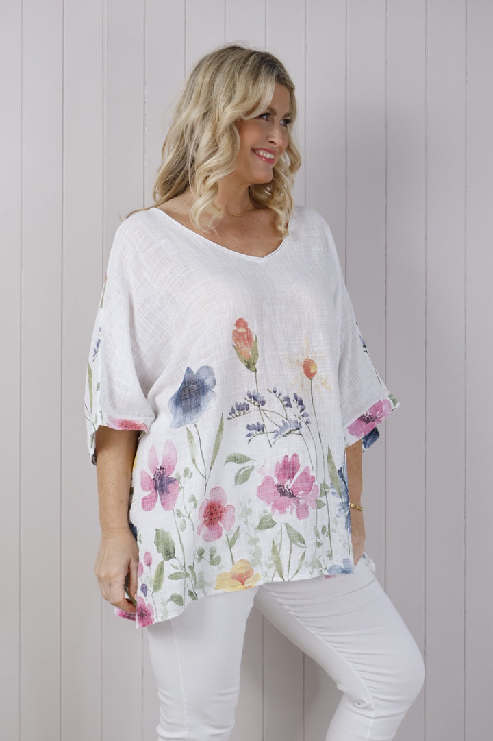 Olivia Floral Oversized Cotton Top White