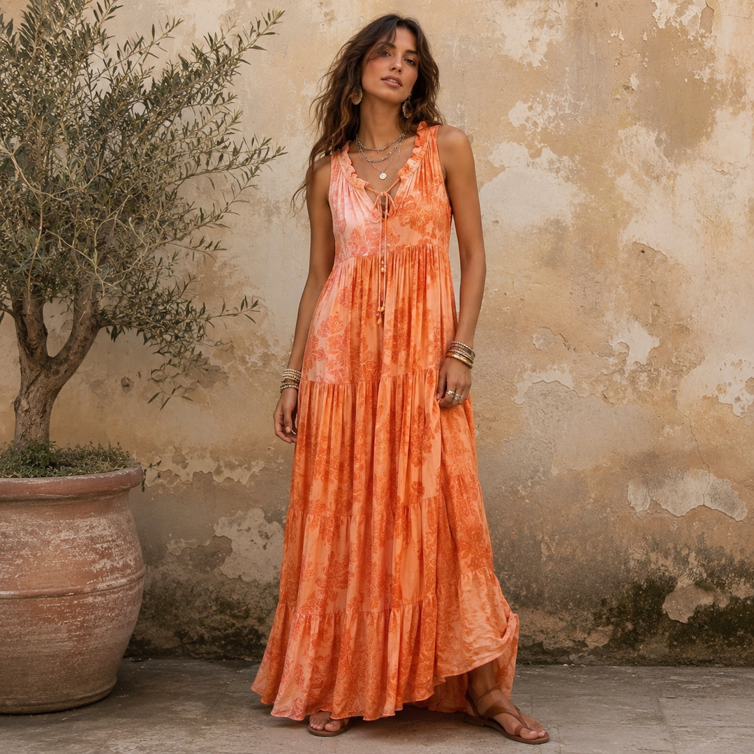 Nita Damask Maxi Dress Coral