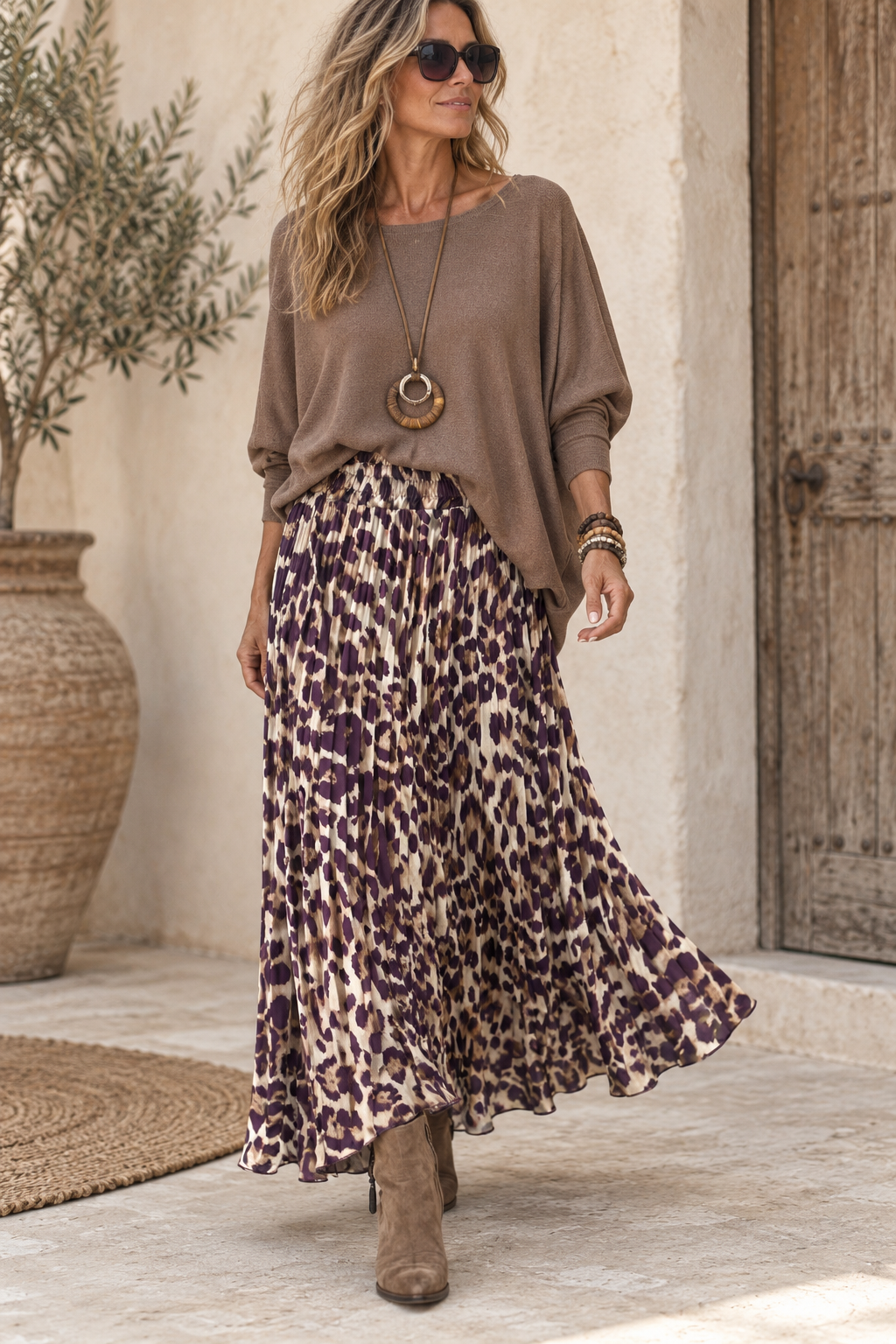 Satin pleated print skirt Purple