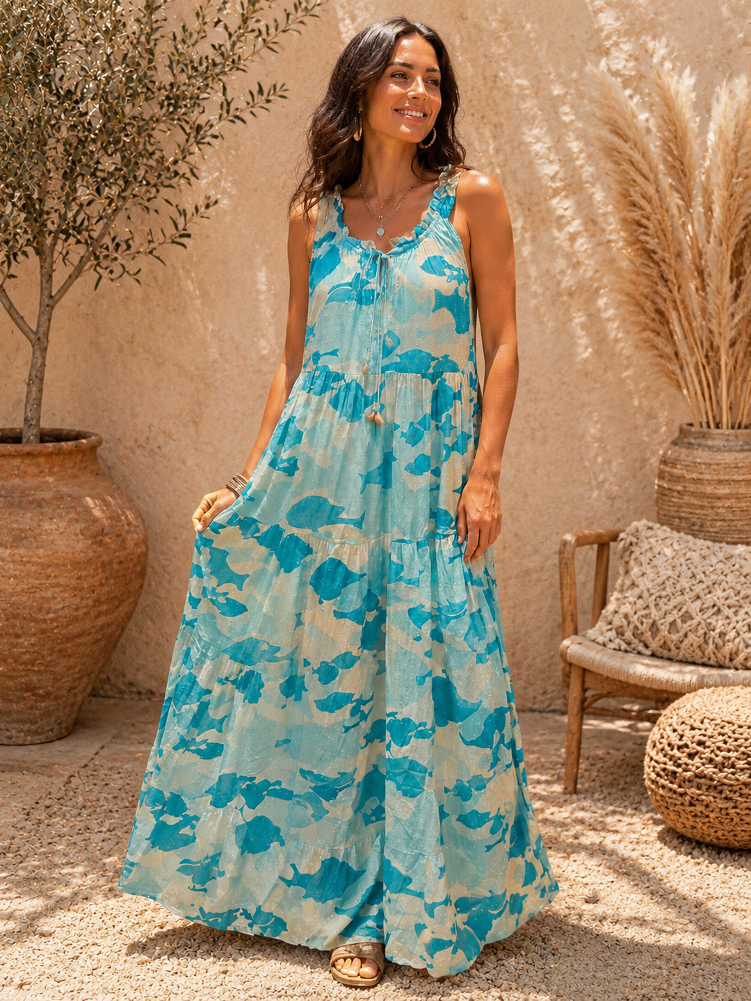 Eva Abstract Fish Print Dress Aqua