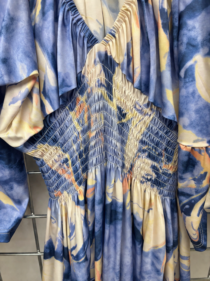 Muriel Watercolour Shirred Maxi Dress Blue