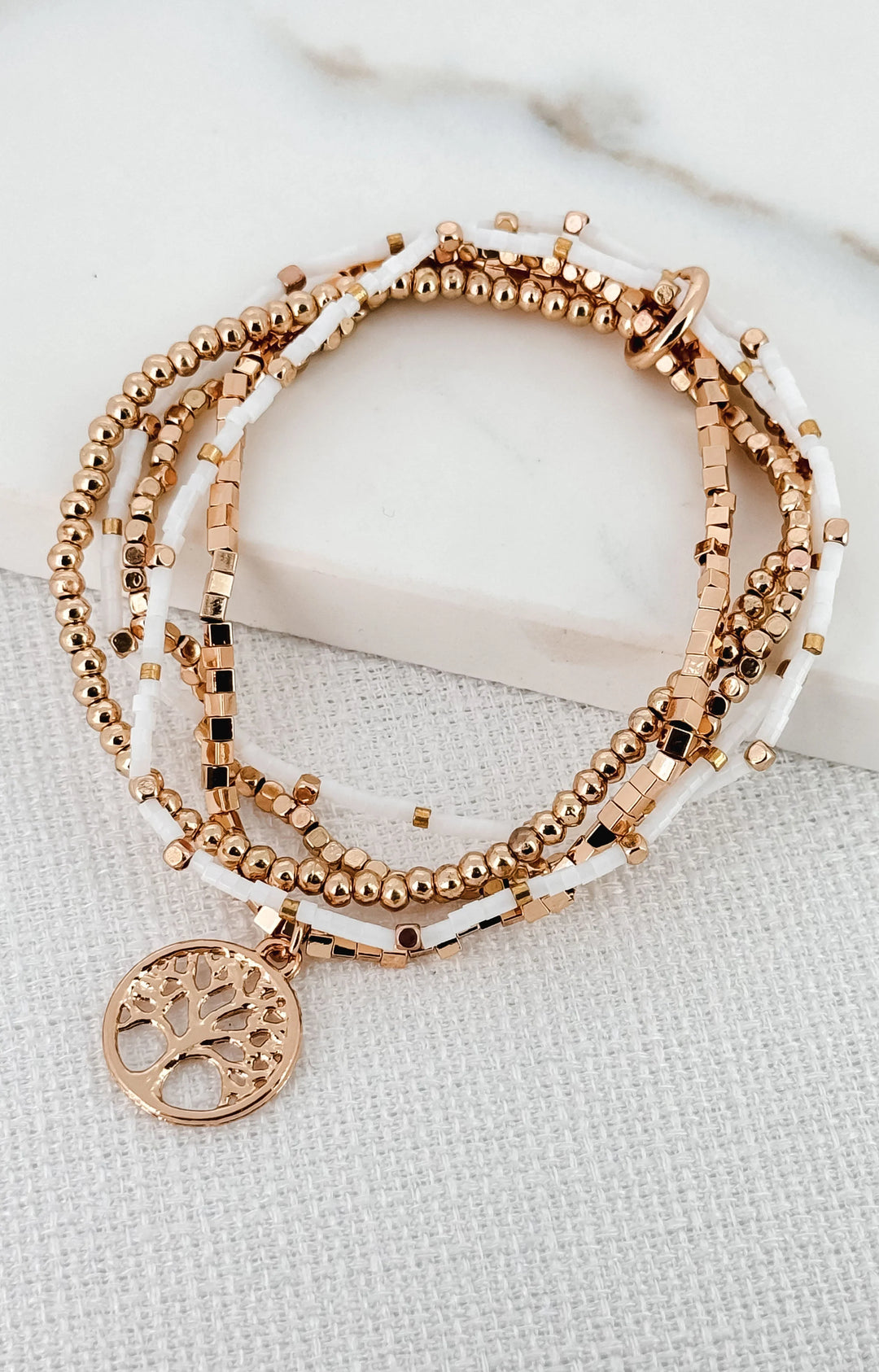Tree Of Life Multi Beaded Bracelet White/Gold