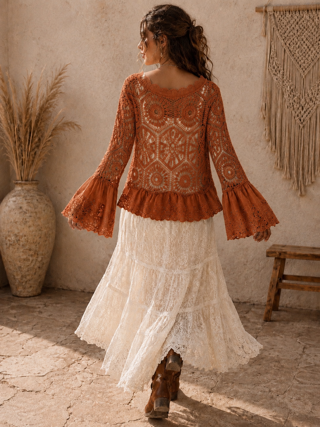 Mae Broderie Crochet Cardigan Toffee