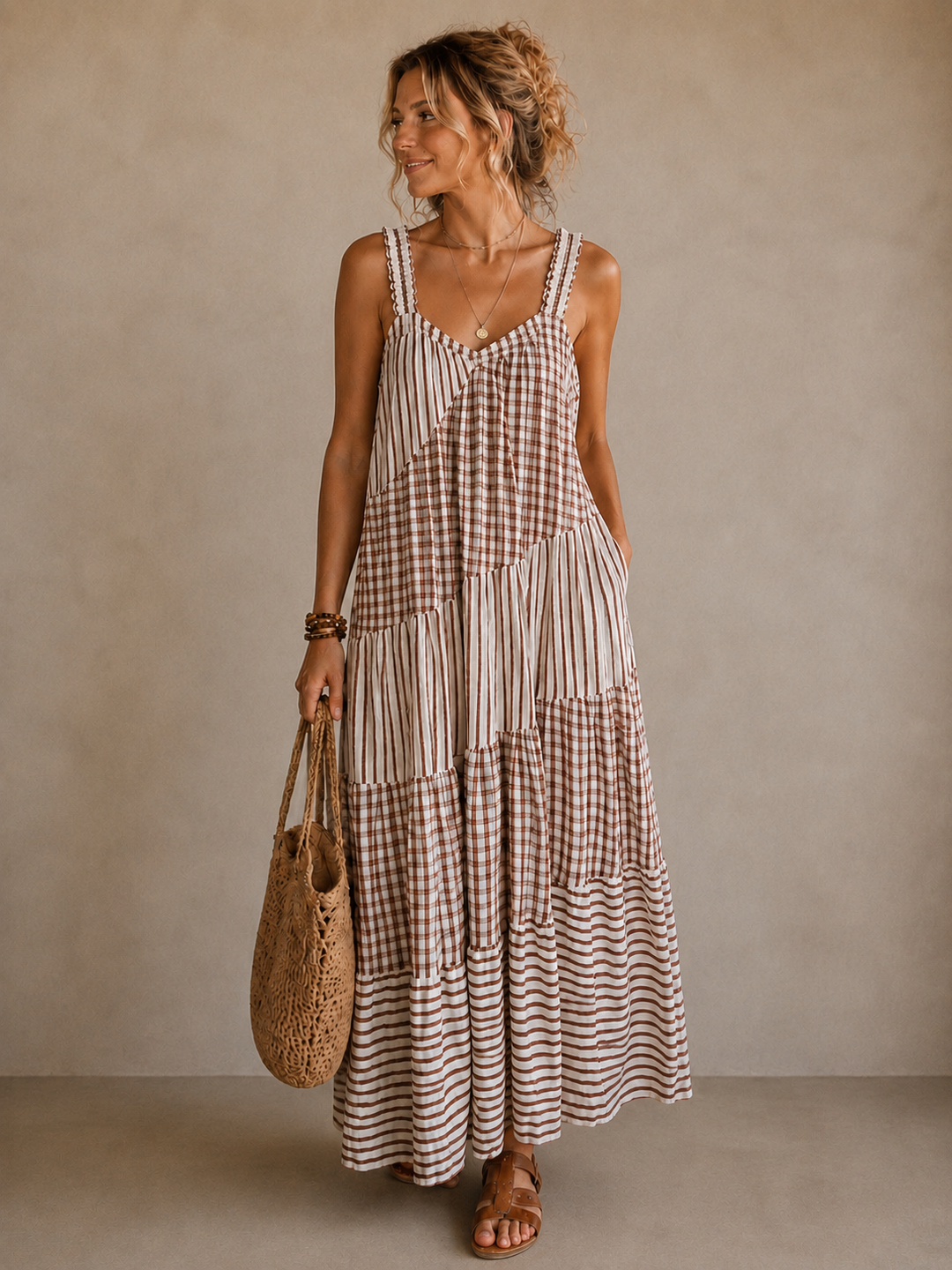 Patchwork Tiered Maxi Dress Chocolate