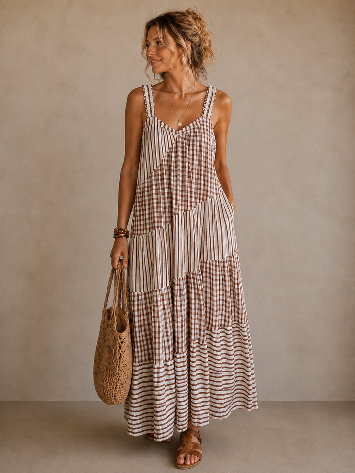 Patchwork Tiered Maxi Dress Chocolate