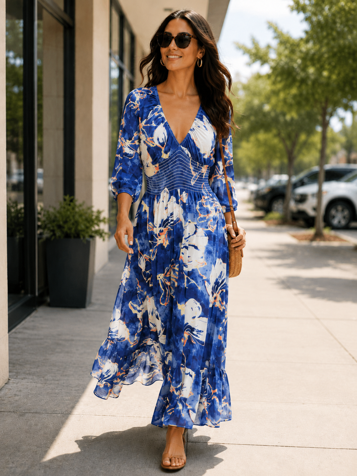 Muriel Watercolour Shirred Maxi Dress Navy