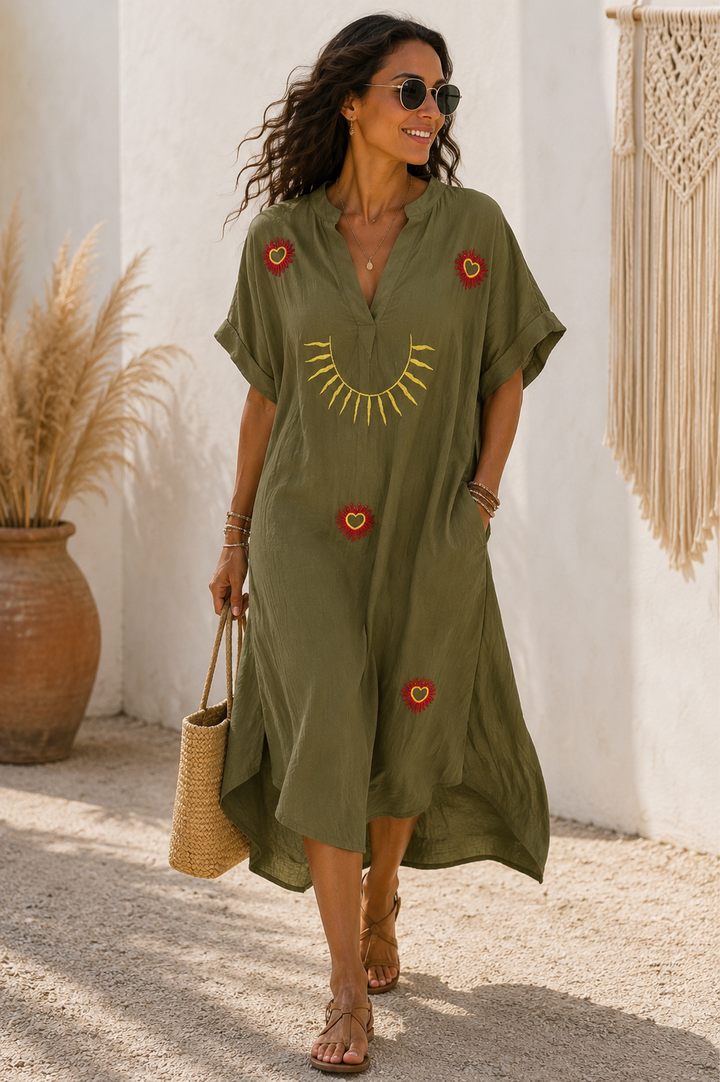 Khadiza Embroidered Kaftan Dress Khaki