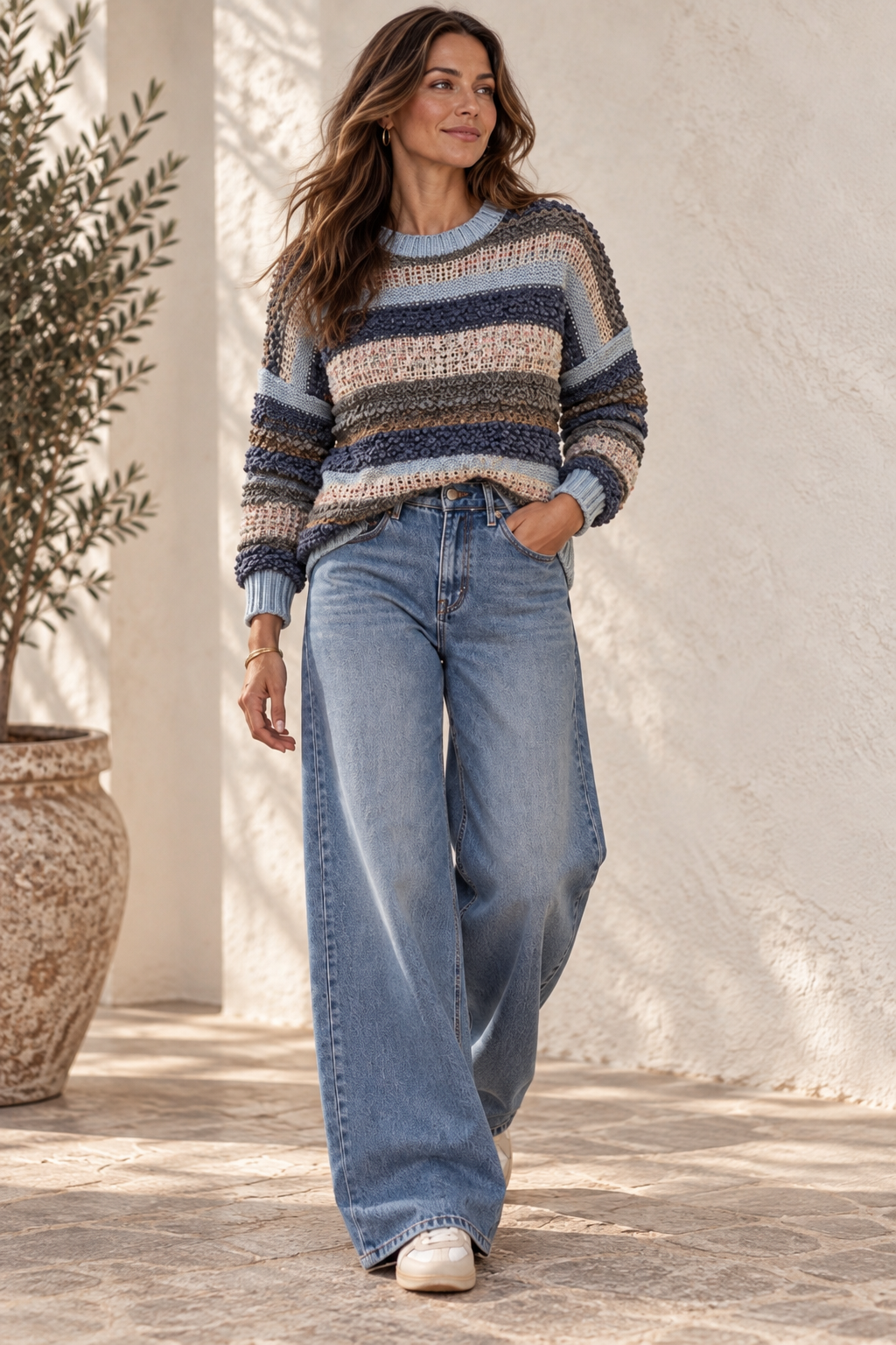 Popcorn Stripe Wool Blend Jumper Blue