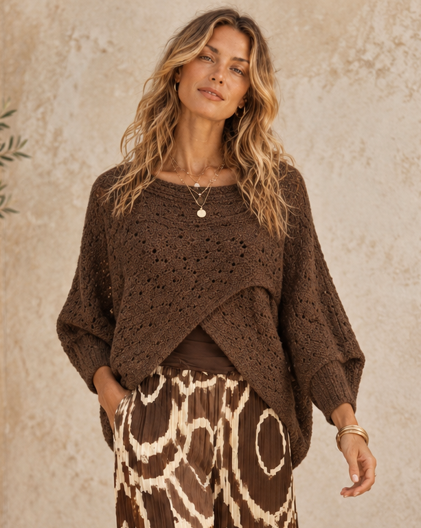 Cora Cross Open Knit Jumper Chocolate