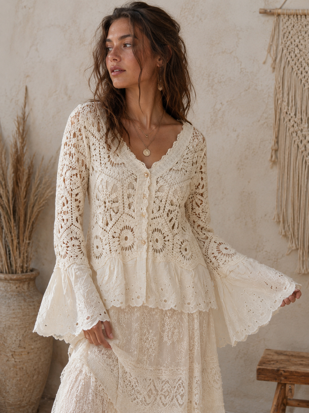 Mae Broderie Crochet Cardigan Cream