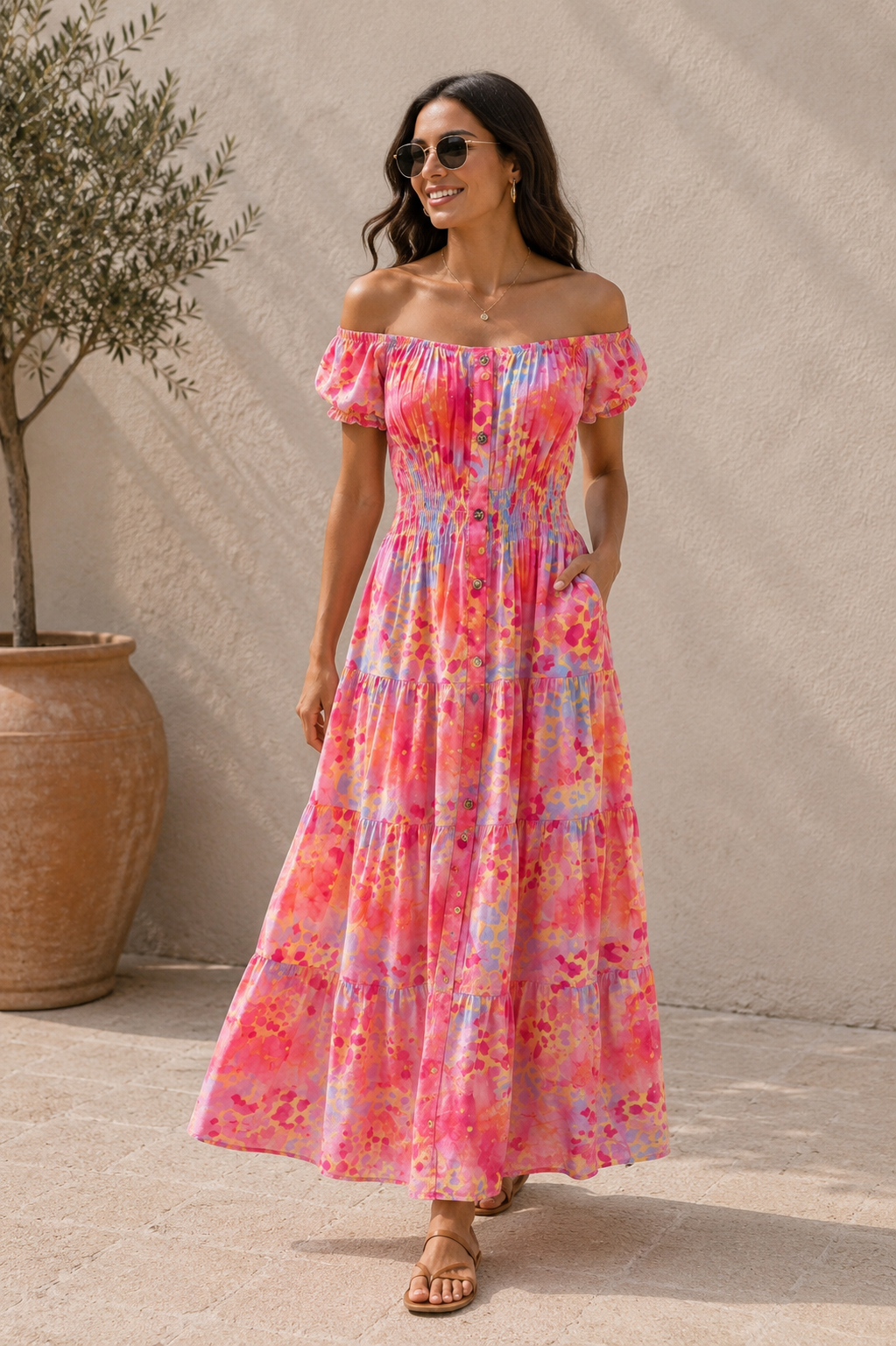 Alondra Animal Print Maxi Dress Coral