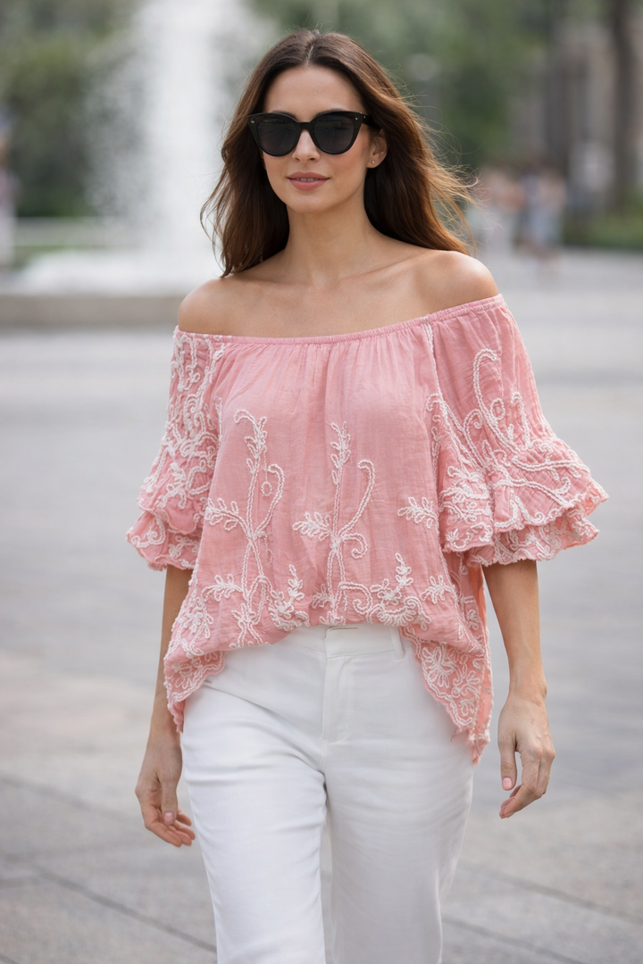 Aya Embroidered Bardot Top Pink