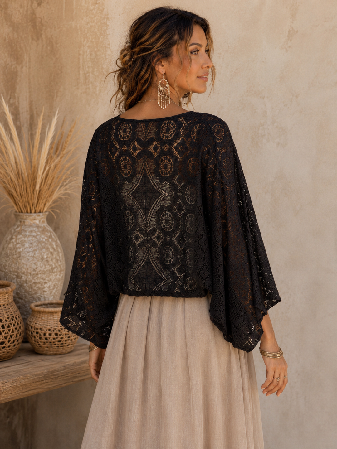 Lace Tie Front Shrug Black