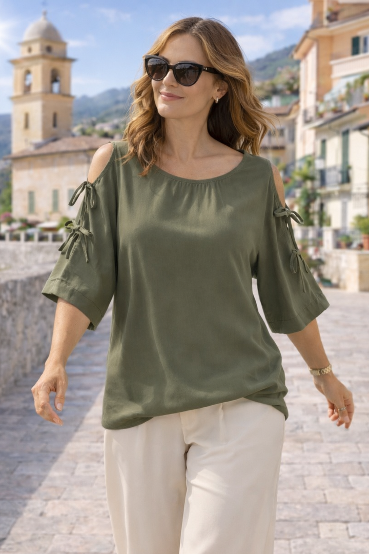 Ophelia Open bow Tie Blouse Khaki