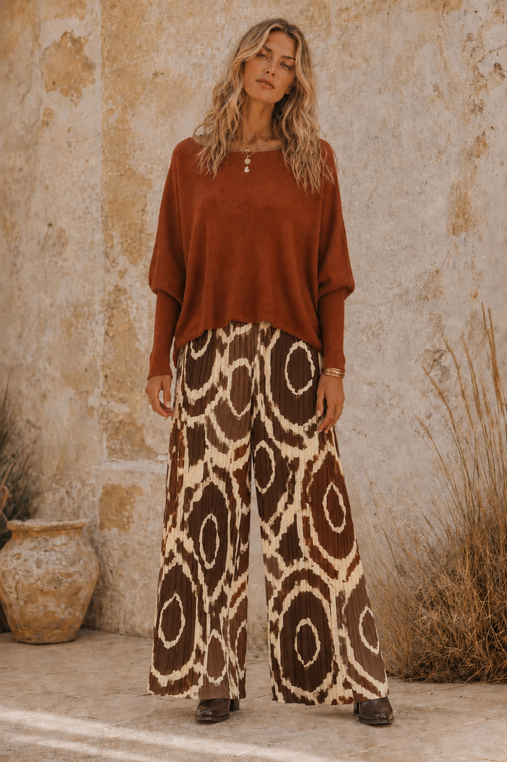 Abstract Circle Pleat Trousers Chocolate