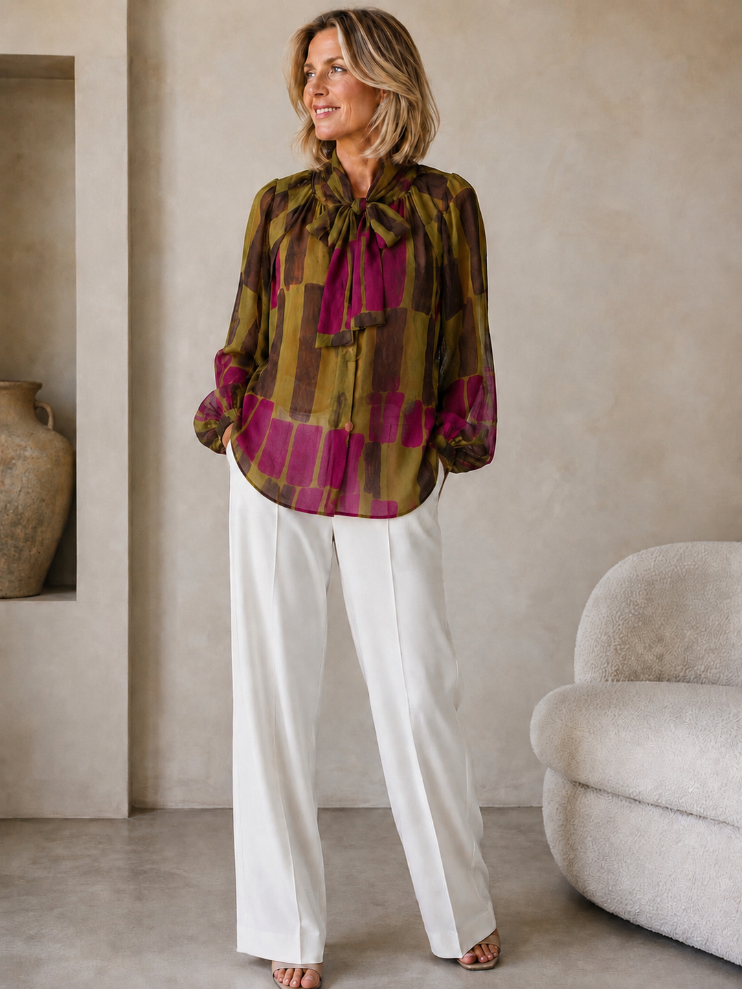 Elara Abstract Tie Neck Blouse Olive