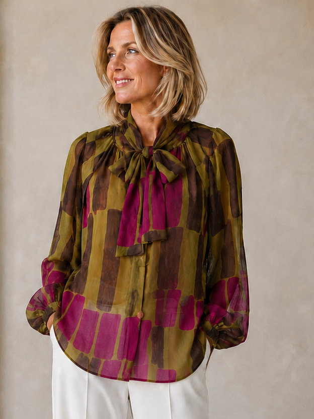 Elara Abstract Tie Neck Blouse Olive