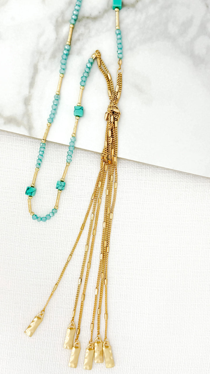 Cascade Beaded Tassel Necklace Turq/Gold