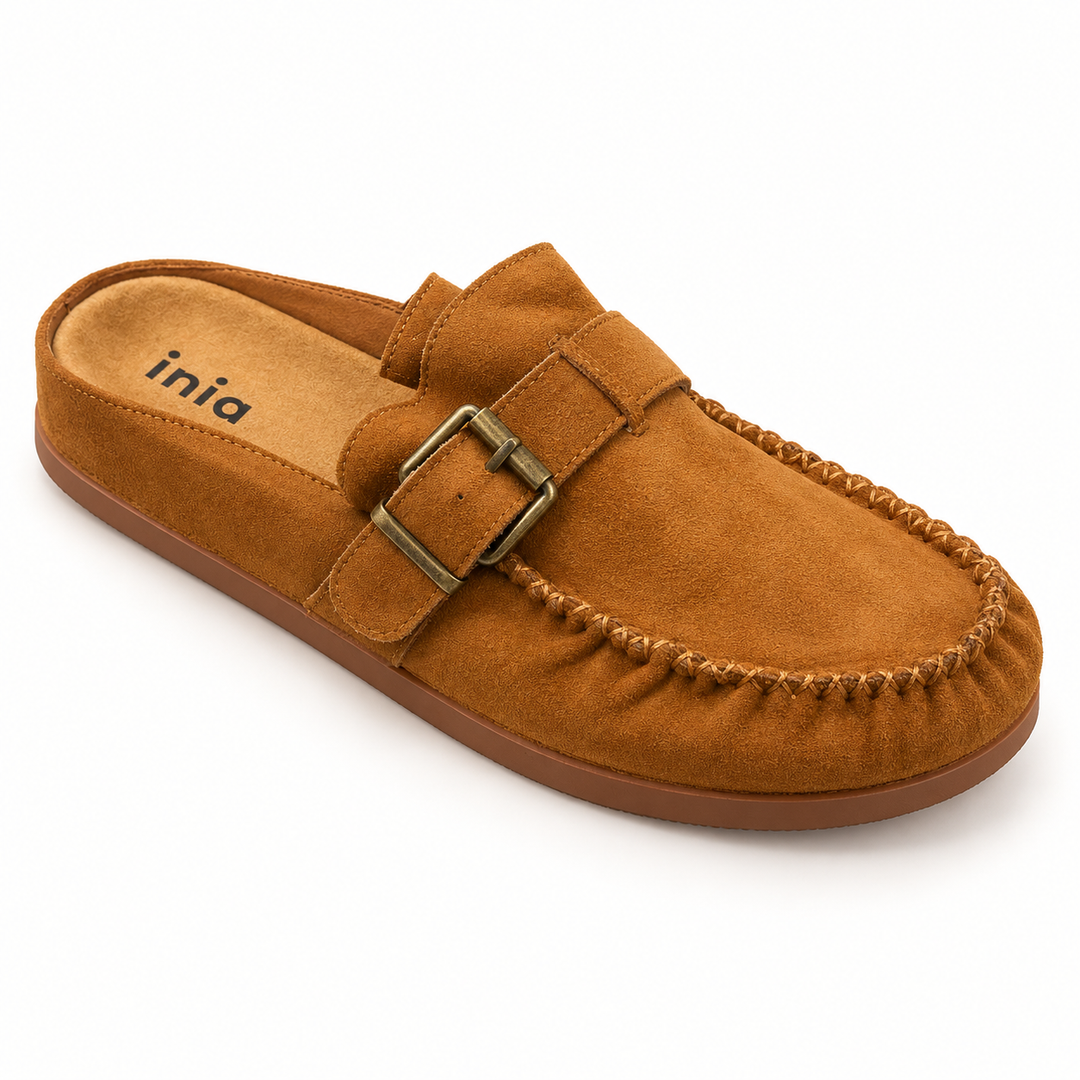 Tan Buckle Moccasin Mules