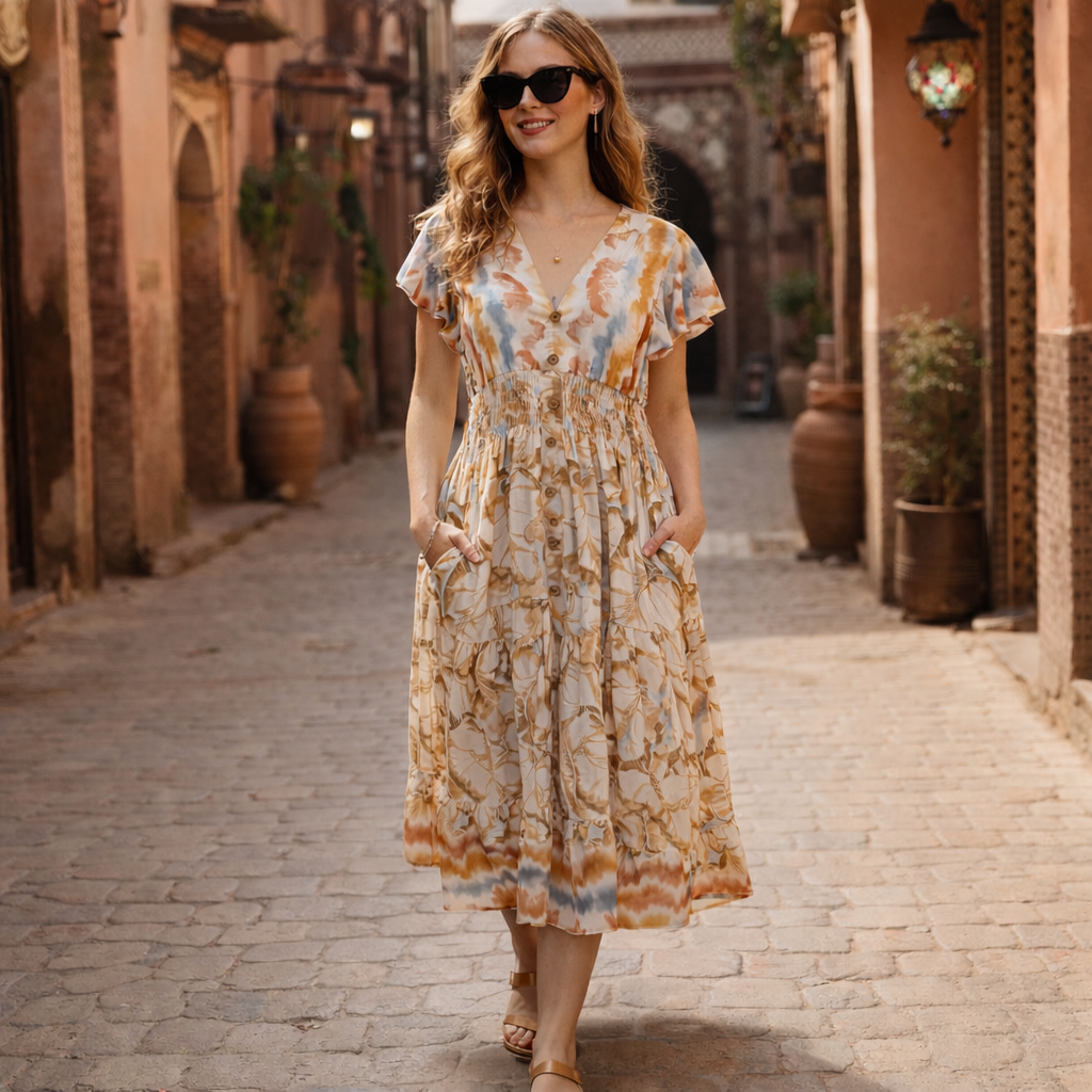 Talise Tropical Midi Dress Beige