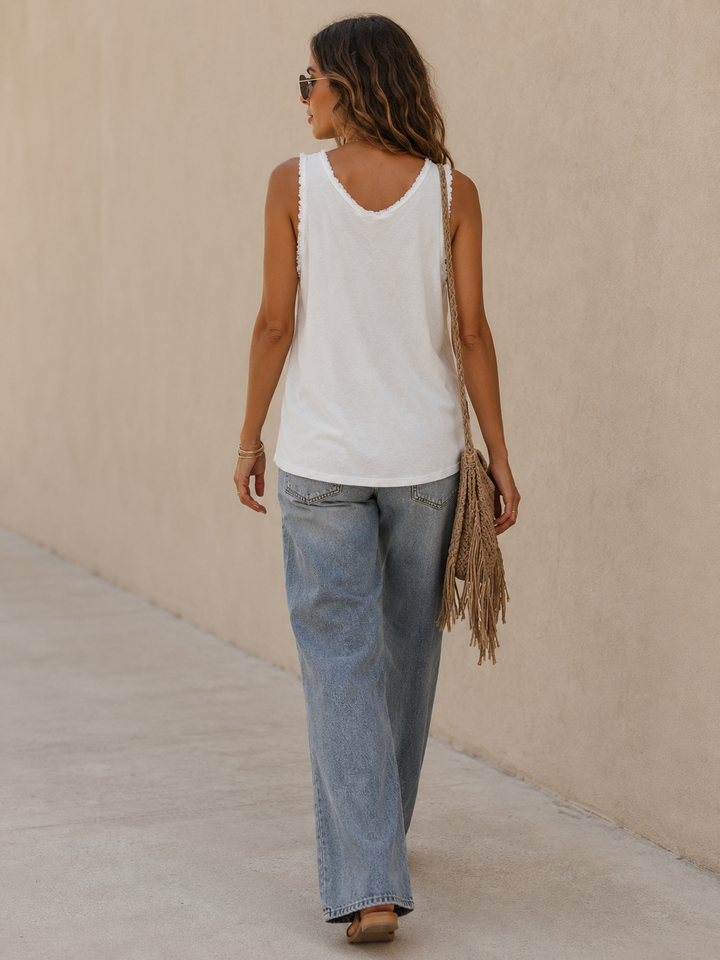 Frayed Edge Cotton Vest Top White