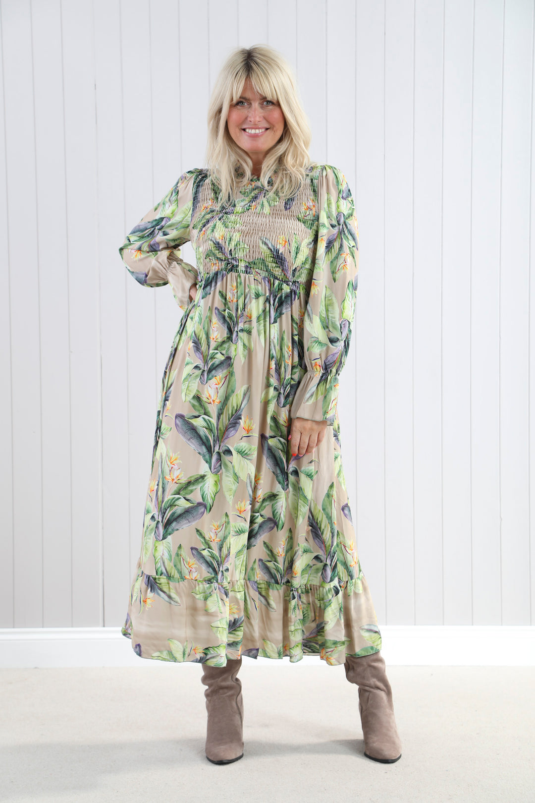 Shirred Leaf Print Dress