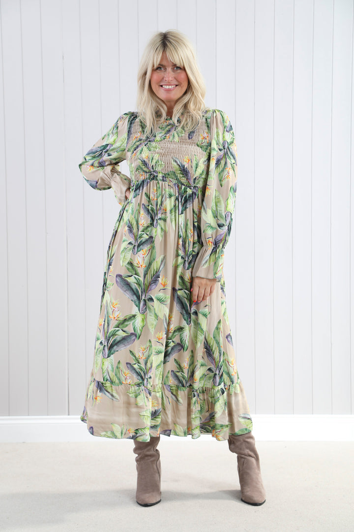 Shirred Leaf Print Dress